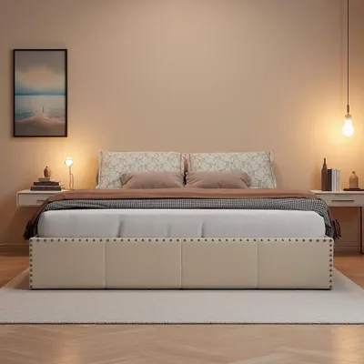 Immagine prodotto di Letto box 140x200 cm in velluto beige, testata imbottita con LED, contenitore idraulico, struttura decorata con chiodi in metallo