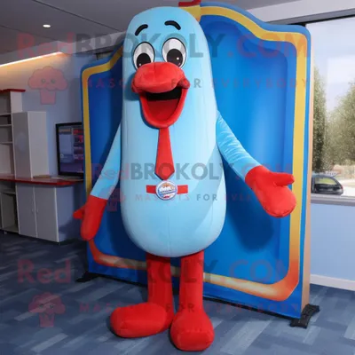 Obrázok produktu pre Maskot spoločnosti REDBROKOLY, postavička "Sky Blue Hot Dog", je oblečená vo veste a má zapichnutú šnúrku do kravaty