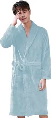 Produktbild von Winternachthemd für Paare, dickes Korallenvlies, warm, verstellbarer Schnürgürtel, einfarbig, gute Wasseraufnahme, Uni, Homewear, Spa-Hotel-Bademantel
