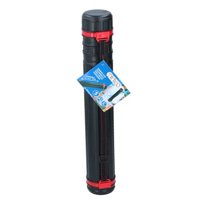 A black and red telescopic drawing tube with a tag attached.
