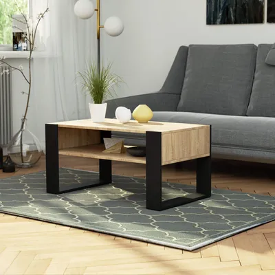 Produktbild von Couchtisch – Wohnzimmertisch – Kaffetisch für Wohnzimmer – DOMI – Sonoma Eiche / Schwarz – 92 cm – Eleganter Wohnzimmertisch mit Stauraum