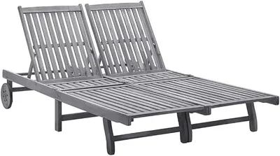 Image de Transat double en bois d'acacia, transat double robuste pour 2 personnes, transat de jardin en bois massif avec dossier réglable et 2 roulettes, idéal pour le jardin, la terrasse et la piscine, couleur gris