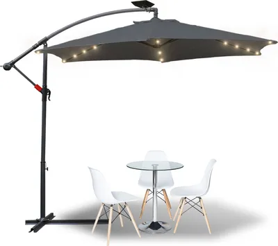 Image de Parasol Jopassy 350 cm Éclairage LED et manivelle - Protection UV, hydrofuge, pliable - Parasol de marché - Gris