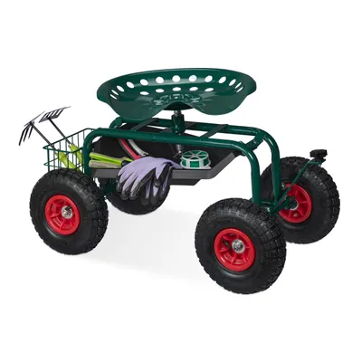 Produktbild von Relaxdays fahrbarer Gartensitz, höhenverstellbar, 150 kg, Stauraum, Rollsitz für Gartenarbeit, Stahl, Luftreifen, grün