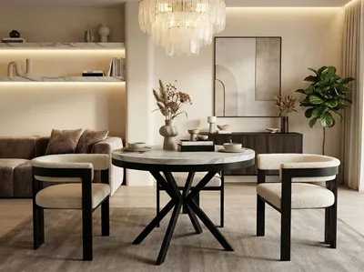 Produktbild von Runder Ausziehbarer Esstisch in Weißer Marmoroptik - Loft Style Tisch mit Metallbeinen - 90 bis 170 cm - Industrieller Tisch für Wohnzimmer - Kompakt - 90 cm - Marmor Weiß