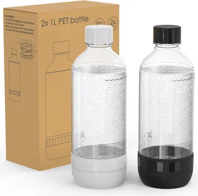 Obrázok produktu pre Soda Maker Fľaše 1L, 2 Kusy, BPA Zdarma, Opakovane Použiteľné PET, pre Soda Stroje, Čierna a Biela