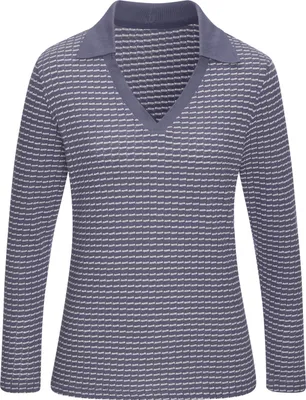 Produktbild von VIVANCE Langarm-Poloshirt aus strukturierter Strickqualität blau-creme Größe 40/42