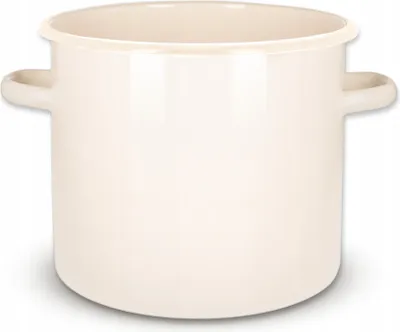 A cream-colored enamel cooking pot with two handles is shown against a white background.