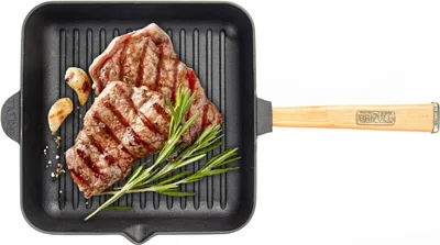 Produktbild von 28x28x5 cm Quadratische Grillpfanne Gusseisen Holzgriff Feuerpfanne Steakpfanne