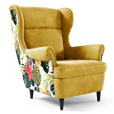 Produktbild von Ohrensessel HAVANA Print – Skandinavischer Relaxsessel mit hoher Rückenlehne, modernem Design, Gelb, Wenge-Beine