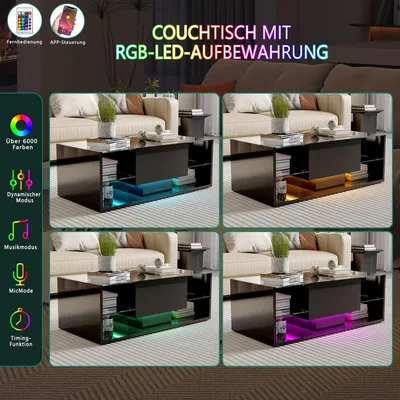 Zdjęcie produktu dla Stolik kawowy – stolik do salonu – wykończenie na wysoki połysk – oświetlenie LED – 2 szuflady – prostokątny – drewno – 104 x 53 x 46 cm – czarny