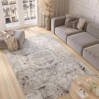 A modern living room with a sofa, rug, ottoman, and coffee table.