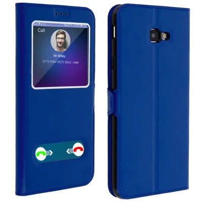 A blue flip cover for a Samsung Galaxy J4 Plus phone, shown from the front and back.