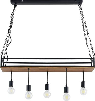 Produktbild von Lindby Hängelampe Kirista, 5-flg., schwarz/Holz, 100 cm, E27
