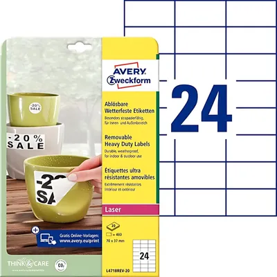 Image de Avery Zweckform L4718REV-20 Étiquettes résistantes aux intempéries, amovibles, 70 x 37 mm, 20 feuilles/480 étiquettes, blanc