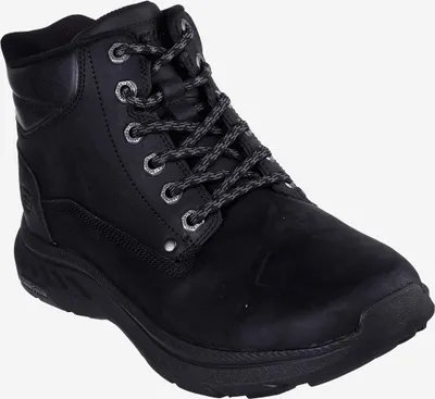A black lace-up boot on a white background.