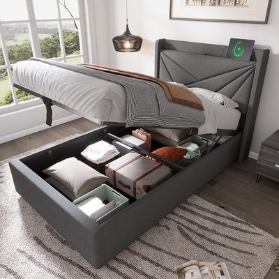 Flieks Čalouněná postel 90x200 cm s USB a Type-C, Boxspring postel s lamelovým rámem, úložný prostor Postel pro mladé Jednolůžková postel s úložným prostorem, povlečení, šedá
