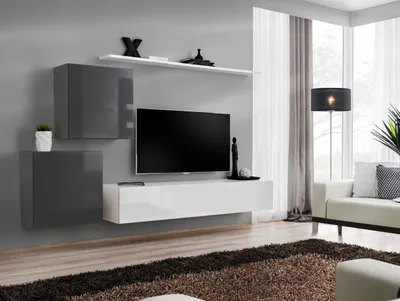 Produktbild von Wohnwand Wohnzimmer Set 4tlg Stil Modern Lowboard Wandregal Weiß  Wandschrank