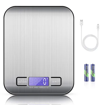 Küchenwaage 10 kg/1 g, Edelstahl, LCD mit Hintergrundbeleuchtung, USB