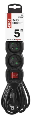 Prodlužovací kabel 5 m / 3 zásuvky / s vypínačem / černý / PVC / 1 mm2