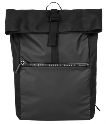 A black Bugatti backpack with a rolltop closure.