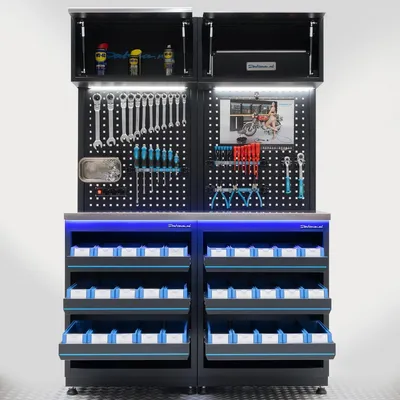 Produktbild von Werkstatteinrichtung PREMIUM mit Edelstahl-Arbeitsplatte und Aufbewahrungsboxen – 136 cm