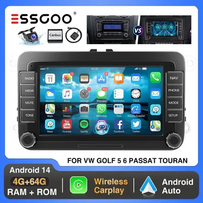 Obrázok produktu pre Autorádio 7 palcov, Android 14, Apple CarPlay, Android Auto, GPS navigácia, DAB, Bluetooth, USB, pre modely VW Golf 5, 6, Touran, Polo, Passat, Tiguan, Jetta, 2DIN, s 4 GB RAM a 64 GB úložiska