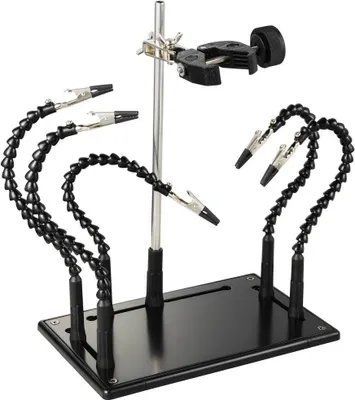 A black base with a silver stand holding a clamp and four flexible arms with clips attached.