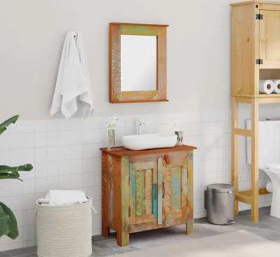 Image de Maison Exclusive - Meuble de salle de bains : meuble sous-vasque avec miroir, en bois massif