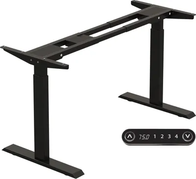 A black adjustable height desk frame is shown against a white background, with a control panel in the lower right corner.