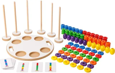 Imagen del producto de Juego de construcción de madera con cuentas decorativas de colores y tarjetas. Dimensiones: 40,5 x 40,5 x 15 cm. Nuevo