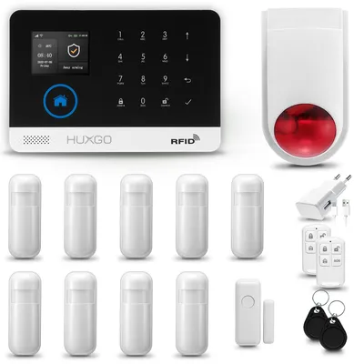 Immagine prodotto di HUXGO HXA003 Kit di allarme WiFi + GSM 4G con sirena wireless, sistema di allarme con 9 sensori di movimento e 1 sensore per finestre, ideale per appartamenti, case e garage