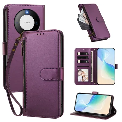 Produktbild von Geldbörse Hülle für Huawei Mate 60, Kunstleder Handyhülle mit Kartenfächer, Ständer, Handschlaufe Lila