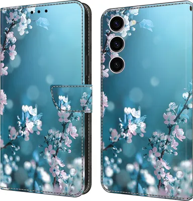 Produktbild von CLM-Tech Handyhülle kompatibel mit Samsung Galaxy S24 Hülle - Tasche aus Kunstleder - Klapphülle mit Ständer und Kartenfächern - Schutzhülle Wallet Case Cover Pflaumenblüte blau