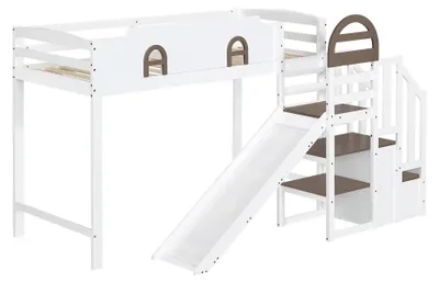 Image de Lit superposé pour enfants - Lit superposé combiné - 90 x 200 cm - Avec fenêtre - Avec toboggan - Escalier avec rampe - 2 rangements intégrés - Blanc