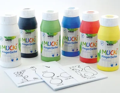 Obrázok produktu pre KREUL 29150 - Farben na maľovanie prstami "Mucki", sada "Ukáž mi svet farieb", 6 x 750 ml farieb na maľovanie prstami a 20 obrázkov na maľovanie