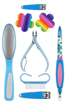 Immagine prodotto di Set per pedicure dei piedi con 7 pezzi, tagliaunghie e lima, colore blu, Immagine generata dall'IA