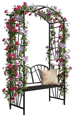 Produktbild von Relaxdays Rosenbogen, Metall, HBT: 210 x 134 x 48 cm, Torbogen mit Bank, stabiler Rankbogen für Kletterpflanzen, schwarz
