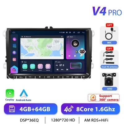 Obrázok produktu pre Autorádio s Androidom – 2-DIN – dotykový displej 22,9 cm – 4G LTE – 4 GB RAM, 64 GB ROM – GPS – pre VW Golf/Passat/Jetta, Škoda, Seat