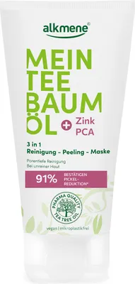Produktbild von alkmene Mein Teebaumöl 3in1 Reinigung Peeling Maske 150 ml Pickel Reduktion 91% bestätigt - naturreines Teebaumöl, vegan