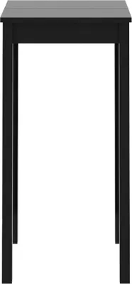 A narrow, tall black table is shown in a side profile against a white background. The table has a rectangular top and four legs that extend downwards.