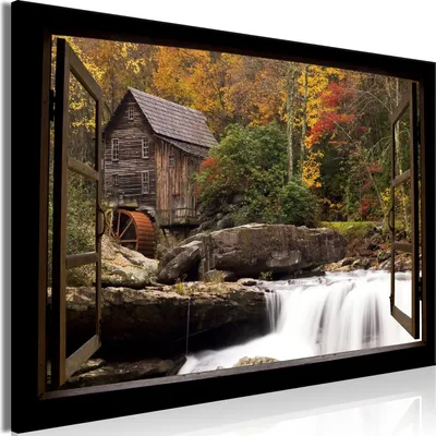 Produktbild von Modernes Wandbild Fensterblick 90x60 - 1 Teile Bilder Fotografie auf Vlies Leinwand Foto Bild Dekoration Wand Bilder Kunstdruck Wald Landschaft Natur Wasserfall c-C-0386-b-a