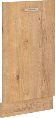 A close-up of a wooden cabinet door with a silver handle.