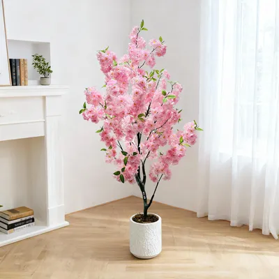 Image de Cerisier artificiel, 150 cm – Grand arbre artificiel à fleurs roses – Plante en pot, cerisier artificiel, plante d'intérieur pour la maison, mariage, fête, jardin, décoration de bureau