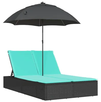 Productafbeelding van vidaXL Dubbele ligbed met kussen en parasol, zwart, polyrotan