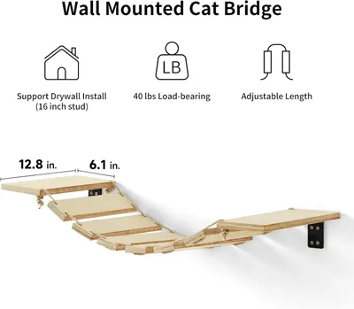 Produktbild von Katzen-Hängebrücke - Wandmontierte Kletterleiter - Hängende Brücke für Katzenwand - Naturholzfarbe