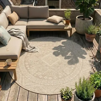 Produktbild von Volero - Outdoor Jute Teppich Rund - Atlas Aztec Braun Creme - Ø 160 cm - Wohnzimmer, Esszimmer, Balkon, Garten, Terrasse - Boho