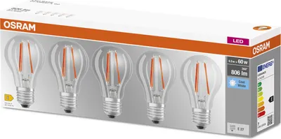 Produktbild von OSRAM HOMELIGHTING 4058075466517 LED (monochrome) EEC E (A - G) E-27 Pear shape 6.5 W = 60 W Neutral white (Ø x L) 60 mm x 105 mm 5 pc(s)