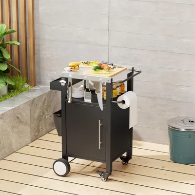 Produktbild von Clinvia Grillwagen, Grilltische, BBQ Beistelltisch, Beweglicher Gartenschrank,Edelstahl,mit ausziehbarer Seitenablage,Haken,Regal,Servierwagen,Schwarz
