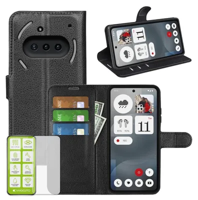 Produktbild von Für Nothing Phone 3a Kunstleder Book Wallet Handy Tasche Schwarz + 9H Hart Glas